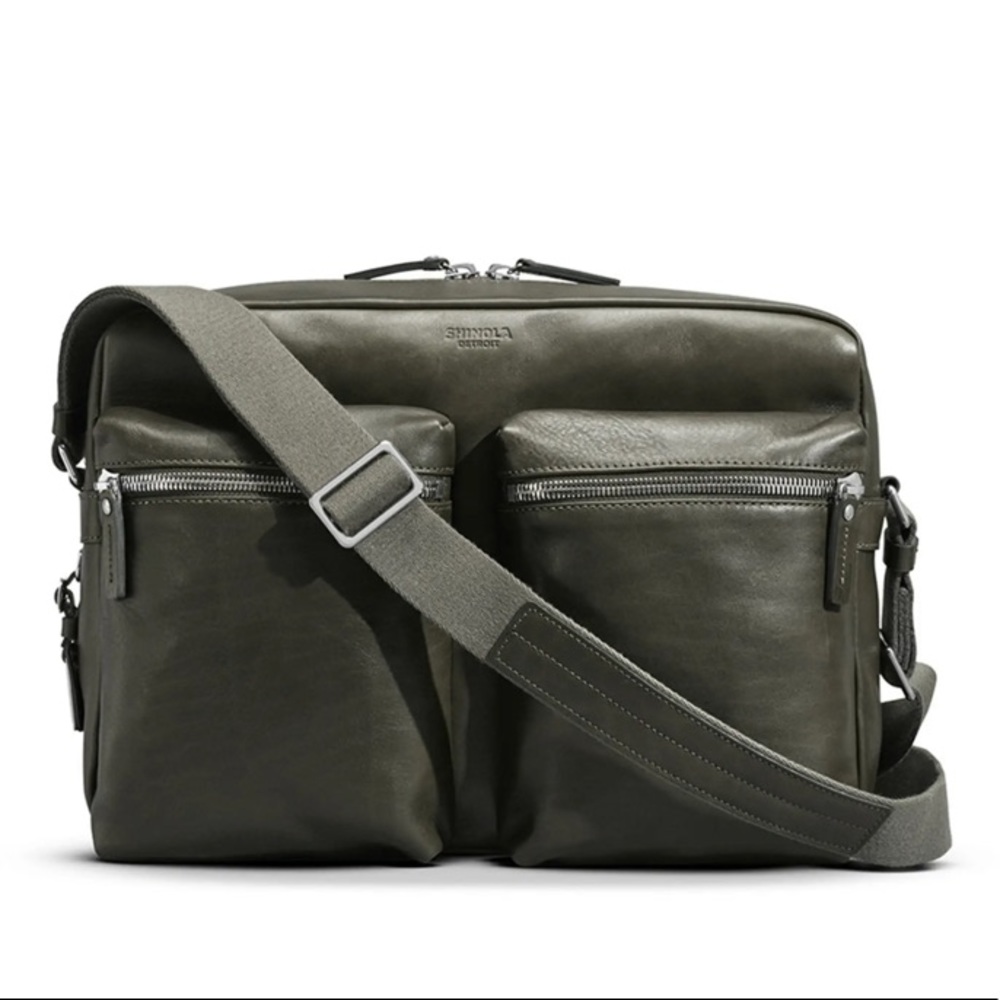 Shinola Top Zip Spruce Dark Green Leather Top Zip Messenger Bag - Picture 2 of 10